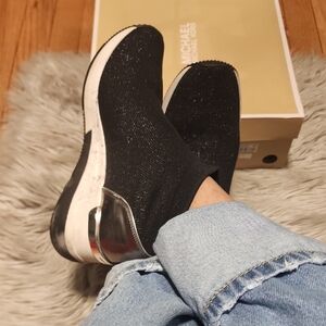 Michael Kors Black Slip-On Knit Wedge Sneakers with White Sole